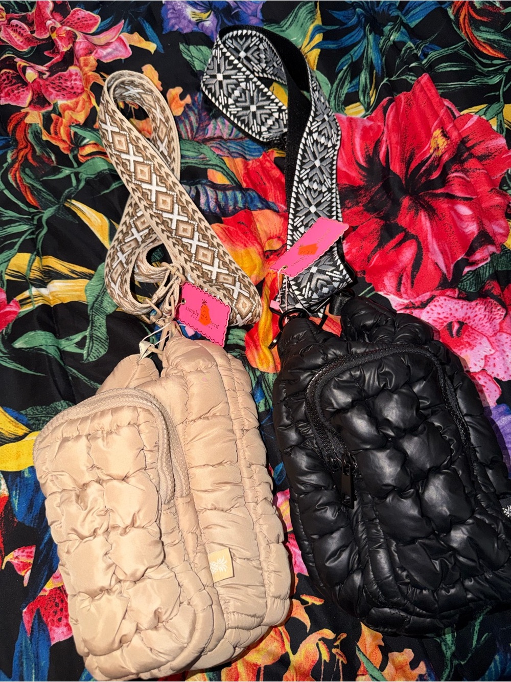 Quilted Puffer Crossbody Bottle Bag - Black and Beige - Picture 2 of 2